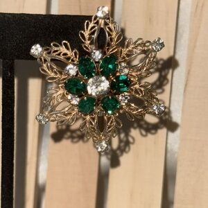 Vintage 1940’s Scitarelli Signed Brooch Gold Filigree Green & Clear Rhinestones